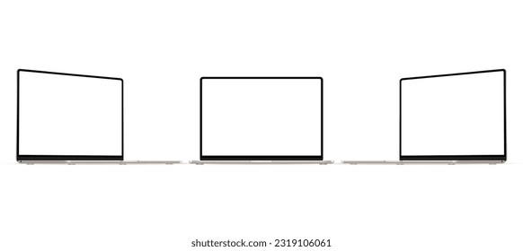 Modern Golden Laptop Computers Mockups, Front and Side View, Isolated on White Background. Vector Illustration