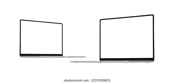 Modern Golden Laptop Mockup, Perspective Side View, Blank Screens, Isolated on White Background. Vector Illustration