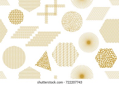 Modern golden print with crosses, hexagons, triangles and circles. Seamless vector pattern with geometric motifs. Abstract white background with golden ornaments. Oriental textile collection.