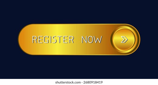 Botão moderno CTA arredondado dourado com brilho, "Registre agora" texto, ícone de seta, efeito 3D, elemento de interface do usuário da Web para landing pages, aplicativos móveis ou banners.