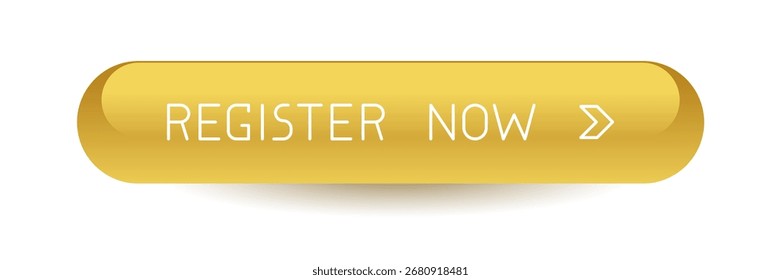 Botão moderno CTA arredondado dourado com brilho, "Registre agora" texto, ícone de seta, efeito 3D, elemento de interface do usuário da Web para landing pages, aplicativos móveis ou banners.