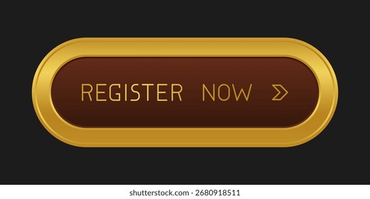 Botão moderno CTA arredondado dourado com brilho, "Registre agora" texto, ícone de seta, efeito 3D, elemento de interface do usuário da Web para landing pages, aplicativos móveis ou banners.