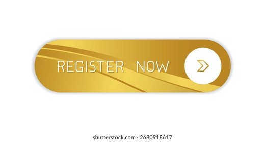 Botão moderno CTA arredondado dourado com brilho, "Registre agora" texto, ícone de seta, efeito 3D, elemento de interface do usuário da Web para landing pages, aplicativos móveis ou banners.