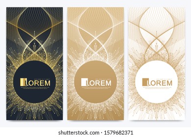 Modern golden set of vector flyer banners. Modern stylish polygonal pattern with connected line and dots. Molecule and communication background for medicine science technology chemistry. Waves flow.