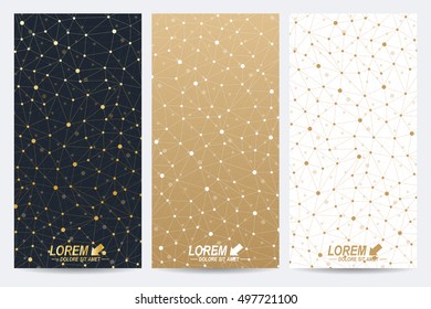 Modern golden set of vector flyers. Modern stylish polygonal pattern with connected line and dots. Molecule and communication background for medicine, science, technology, chemistry