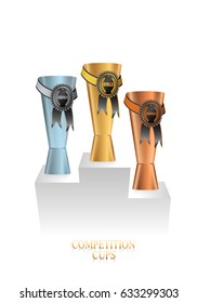 Modern golden, silver and bronze award championship cup with contest seal of perfection. Realistic vector illustration with grouped elements.