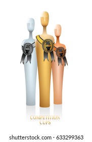 Modern golden silver bronze award championship cup with contest seal of perfection. Realistic vector illustration with grouped elements.