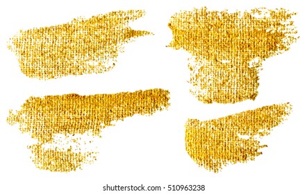 Modern Golden Smear on Fabric is Painted with a Brush Gold Paint. Decorative Collection with Glitter Gouaches Stroke for T-Shirt Printing and Art Design. Best Hand Drawn Stains Vector Illustration. 