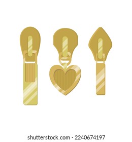 Modern golden zip sliders for clothes cartoon illustration. Golden zipper pullers with tassels for sportswear or leather backpacks. Fashion, metal accessories concept svg