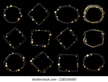 Modern golds frames in a minimalistic style with elements of hearts, stars, crosses, snowflakes, circles. Various shapes of frames, vector illustration isolated