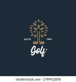 Modern Golf Logo Design Concept With Buzz Oak Tree And Elegant Type Styles. 