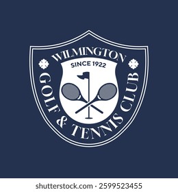 Modern golf and tennis club badge icon logo vector illustration design. Golf and Tennis club with crossed stick, tennis rackets and flag emblem logo