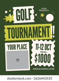 Modern golf tournament flyer with bold typography, minimal illustrations, and prize announcement. Perfect for sports events, golf clubs, or competition promotions.