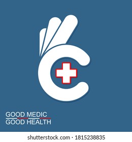Modern Good Health Medic Logo Template Design. Ok hand symbol with cross, vector