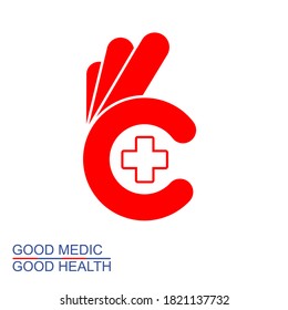 Modern Good Health Medic Logo Template Design. Ok hand symbol with cross. Okey symbol, vector