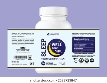 Modern good night sleep dietary supplement label packaging design featuring capsules, clean typography, ideal for health and wellness themes, with a focus on product information.
