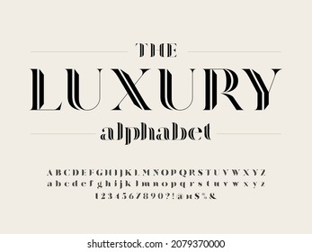 Modern gothic display alphabet design with uppercase, lowercase, numbers and symbol