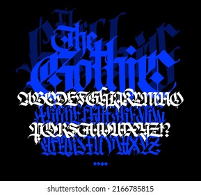 Modern Gothic, full English alphabet. Vector. Medieval latin capital letters. Two different styles. Signs and symbols for tattoos. Ancient European style. Calligraphy and lettering.