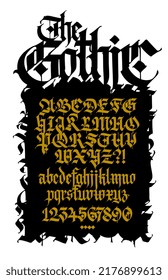 Modern Gothic, full English alphabet. Vector. Medieval uppercase and lowercase Latin letters. Signs and symbols for tattoos. Ancient European style. Calligraphy and lettering. Numbers.