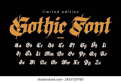 Modern Gothic, full English alphabet. Vector. Medieval uppercase and lowercase Latin letters. Signs and symbols for design. Ancient European style. Calligraphy and lettering.