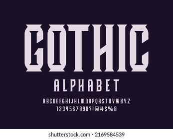 Modern Gothic style alphabet design with uppercase, numbers and symbols