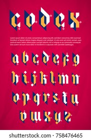 Modern Gothic style font. Stylish alphabet set over old grunge textured paper background