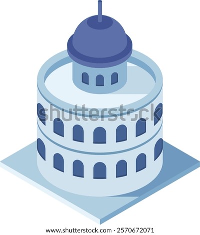 Modern government building with a circular shape and a blue dome, featuring arched windows and a flat roof, viewed from an isometric perspective, ideal for architectural or civic projects
