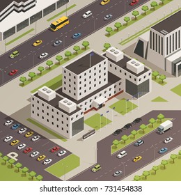 Modern government building compound and surrounding area with trees grass streets and parking lot isometric composition vector illustration 