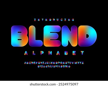 Design moderno do alfabeto de gradiente com letras maiúsculas, números e símbolos
