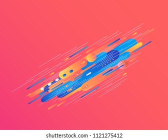 Modern gradient banner with bright colorful geometric shapes and stripes with fluid color isolated on red background. Vector illustration of template with abstract graphic badge.
