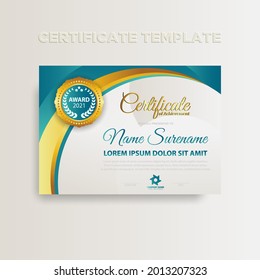 Modern gradient color certificate template design. Certificate of Achievement with a gold badge. Vector Templates