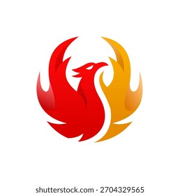 Estilo de cor gradiente moderno do design do logotipo de fênix ou firebird. Pássaro com fogo ou ícone de vetor de asa de chama