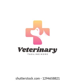 Modern Gradient Color Veterinary Logo, Dog Pet and Cross Vector Icon