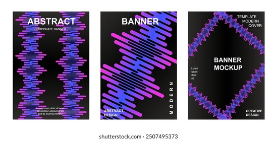 Modern gradient cover background design set. Brochure cover cards. Vibrant geometric compositions with sound waves. Banner, cover, card, wallpaper, decoration, poster, brochure, leaflet. A4 size