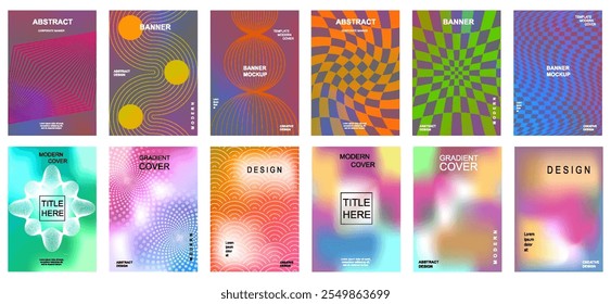 Modern gradient cover background design set. Cover card. Vibrant 3d geometric shapes compositions. Banner, cover, card, wallpaper, decoration, poster, brochure, leaflet, social media, advertising