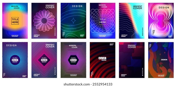 Modernes Farbverlauf-Abdeckung Hintergrund Design-Set. Deckkarte. Lebendige 3D geometrische Formen Kompositionen. Banner, Umschlag, Karte, Tapete, Dekoration, Poster, Broschüre, Faltblatt, Social Media, Werbung