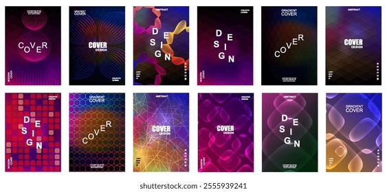 Modern gradient cover background design set. Cover card. Vibrant 3d geometric shapes compositions. Banner, cover, card, wallpaper, decoration, poster, brochure, leaflet, social media, advertising