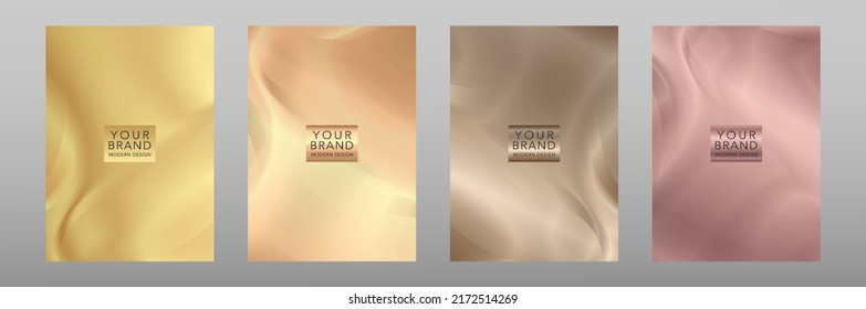 Modern gradient cover design set. Gold line pattern guilloche curves background in premium color. Luxury stripe vector layout for catalog, certificate, brochure template. Mocha Mousse color of 2025