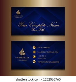 modern gradient dark navy blue background ID business card with golden text & logo