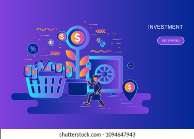 Modern gradient flat line concept web banner of investment and growth economy with decorated small people character. Landing page template. Conceptual vector illustration for web, graphic design.