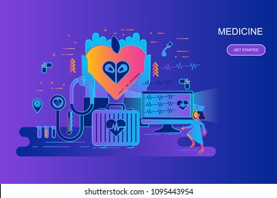 Modern gradient flat line concept web banner of medicine and healthcare with decorated small people character. Landing page template. Conceptual vector illustration for web and graphic design.