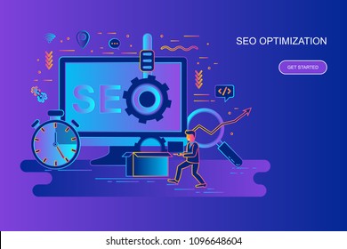 Modern gradient flat line concept web banner of seo optimization with decorated small people character. Landing page template. Conceptual vector illustration for web and graphic design, marketing.