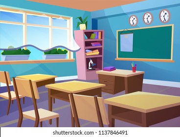 Modern gradient flat vector illustration of cartoon empty school classroom interior. Education class room school concept background.