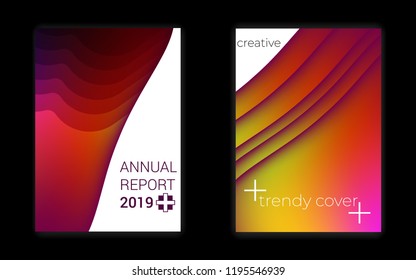 Modern gradient geometric pattern vector cover set. Trendy minimal wallpaper. Simple matted wavy shapes overlapping.