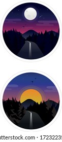 Modern gradient illustration of road in forest while sunset and sunrise 