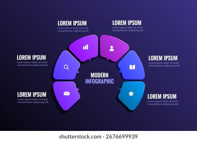 Una infografía de degradado moderno en un diseño circular con varios iconos y marcadores de posición para texto.