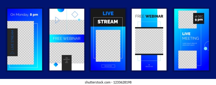 Modern Gradient Instagram Stories Template, For Blog And Business, Web Online Streaming Banner Concept.Minimalistic Geometric Trendy Webinar App Screens, Ready To Use Button Register