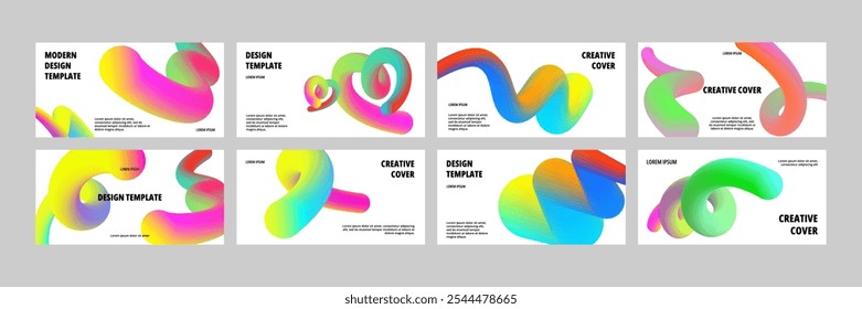 Modernas Plantillas de Anuncio de línea de gradiente. Diseño creativo con coloridas formas de líneas fluidas. Diseños de tarjetas de curvas de gradiente 3D lisas con Vector de Formas abstractas.