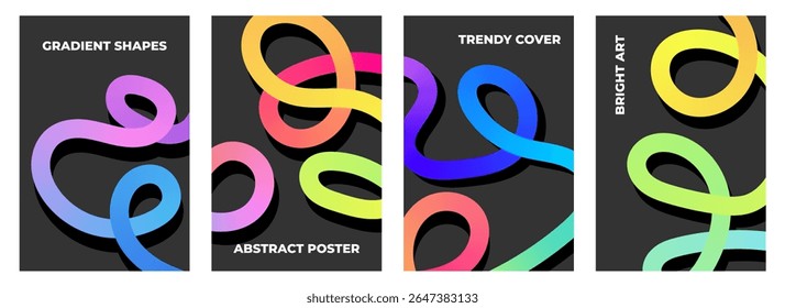 Modern gradient line cover set. Black poster collection with fluid rainbow color shapes