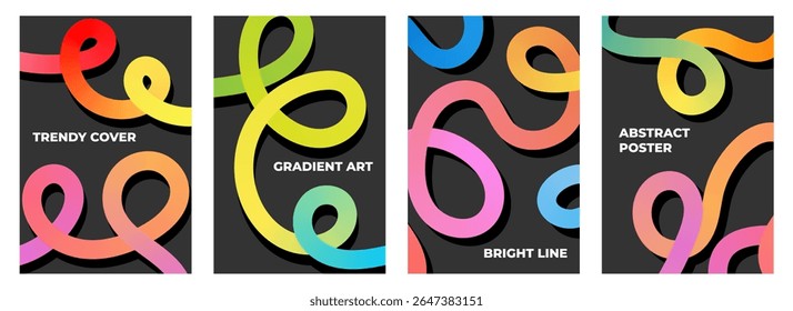 Modern gradient line cover set. Black poster collection with fluid rainbow color shapes